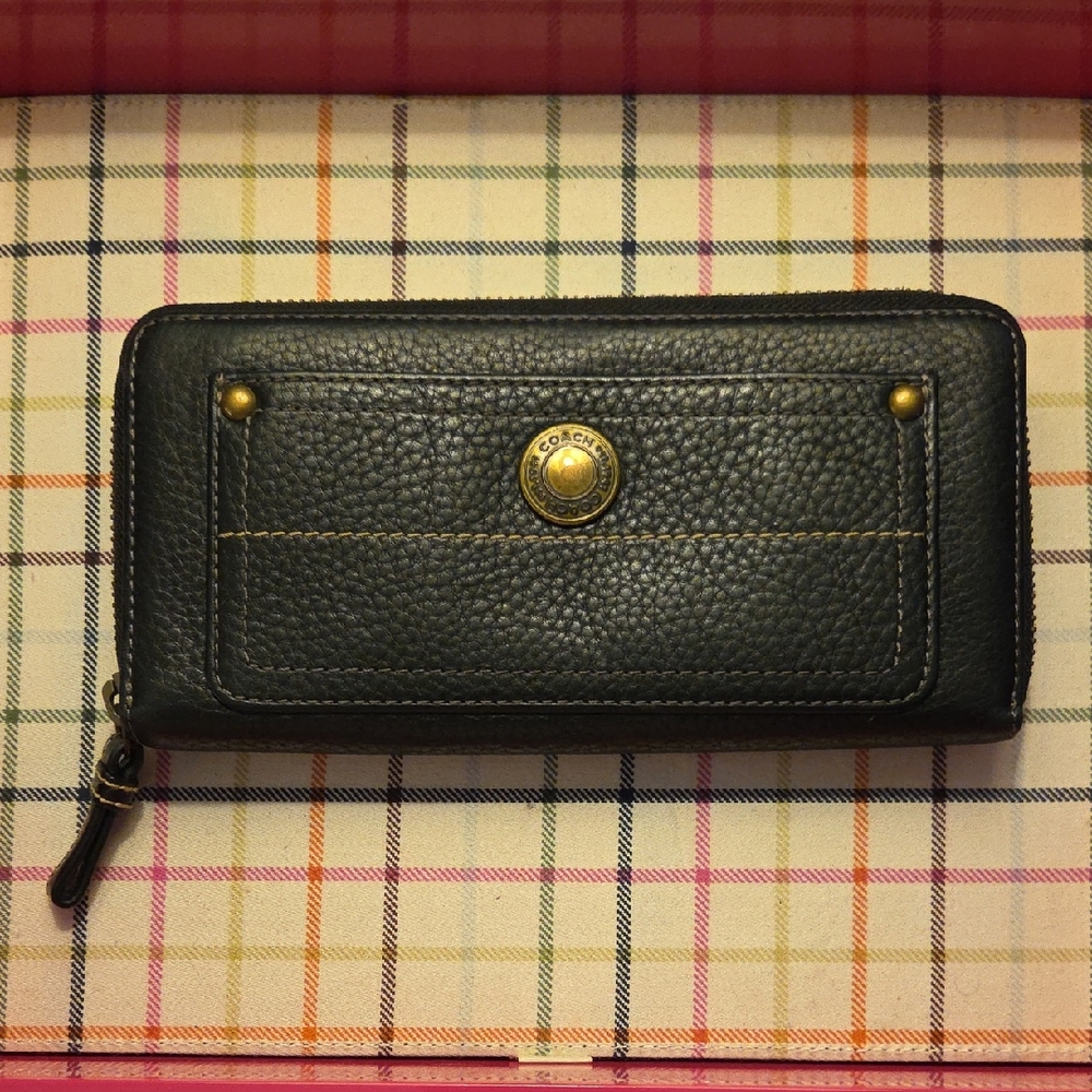 Coach Chelsea Black Pebbled Leather Wallet with Gold Accents